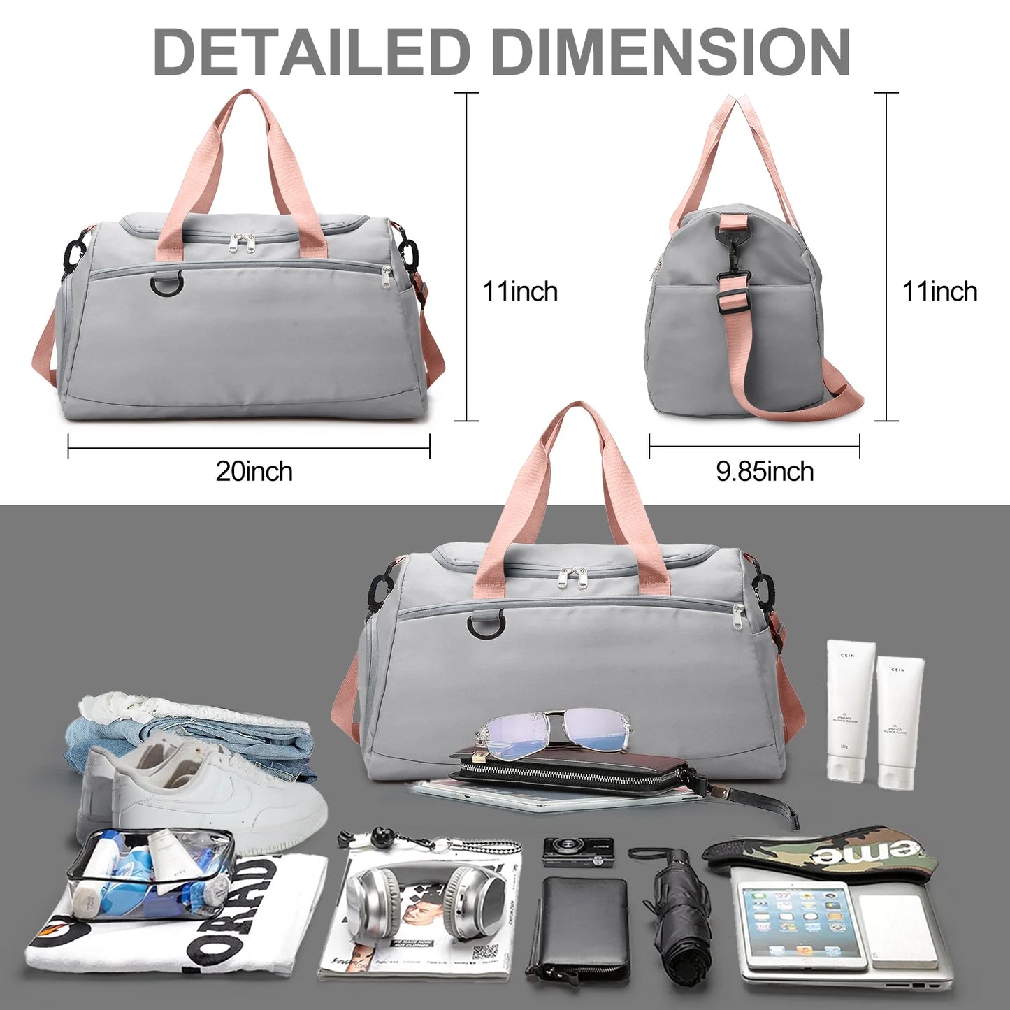 Travel Duffle Bag Gym Bags with Shoe Compartment Wet Pocket Waterproof for Weekender Overnight Gym Sports Traveling Swimming Yoga Workout, Gray