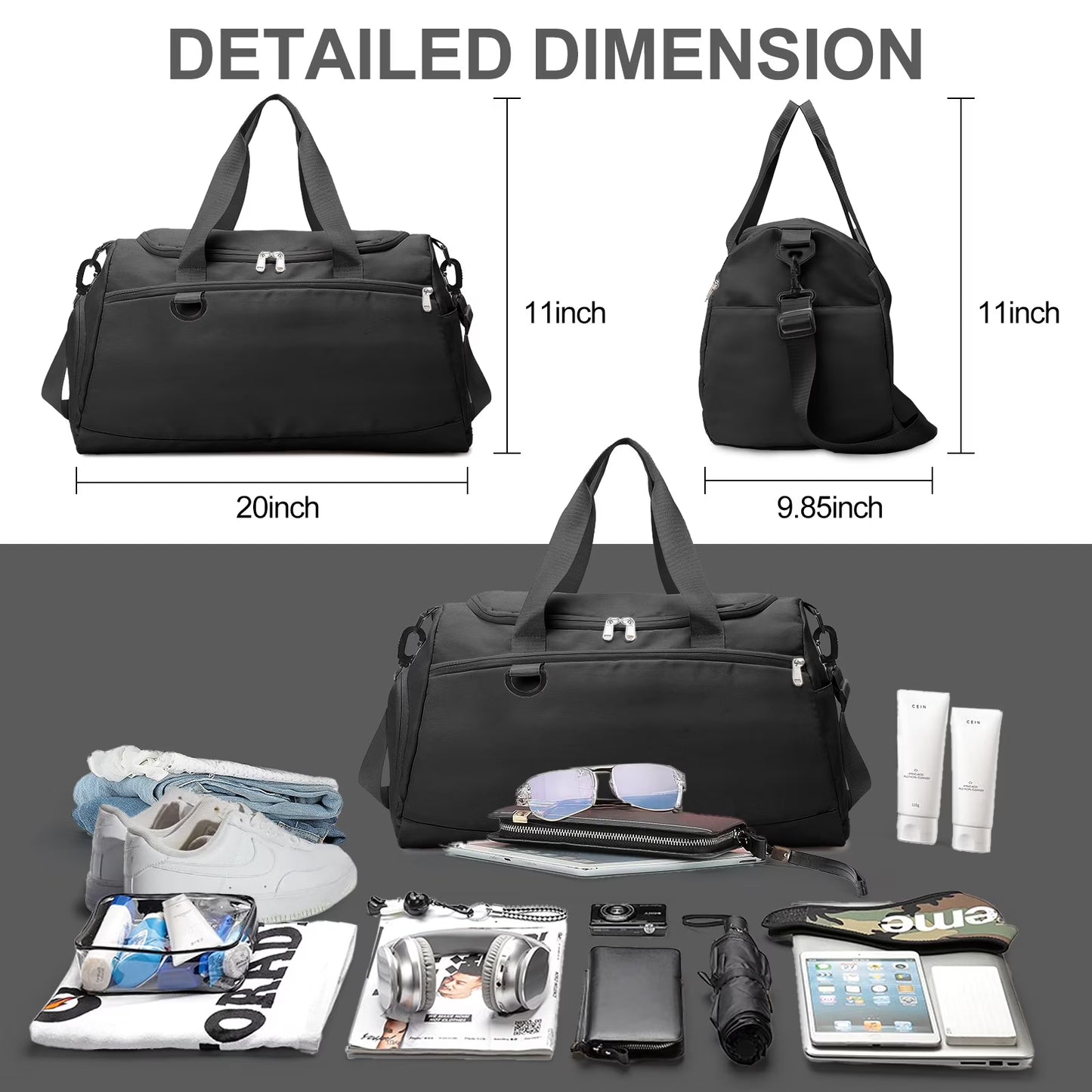 Travel Duffle Bag Gym Bags with Shoe Compartment Wet Pocket Waterproof for Weekender Overnight Gym Sports Traveling Swimming Yoga Workout, Black