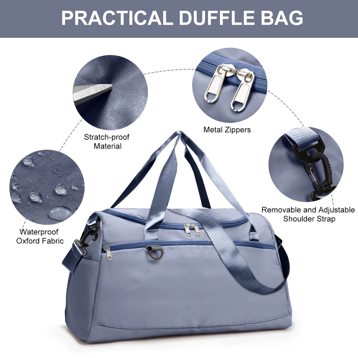 Travel Duffle Bag Gym Bags with Shoe Compartment Wet Pocket Waterproof for Weekender Overnight Gym Sports Traveling Swimming Yoga Workout, Haze Blue