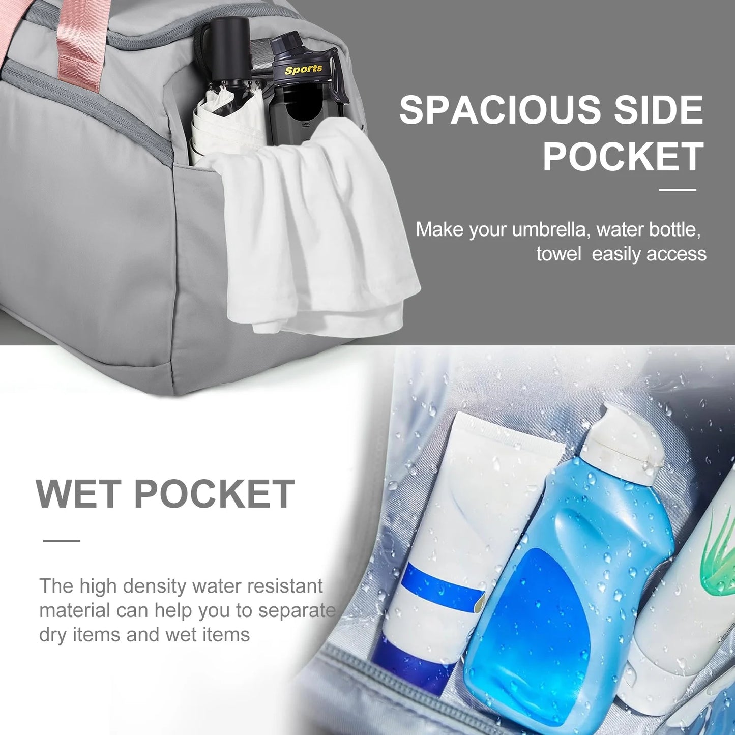 Travel Duffle Bag Gym Bags with Shoe Compartment Wet Pocket Waterproof for Weekender Overnight Gym Sports Traveling Swimming Yoga Workout, Gray
