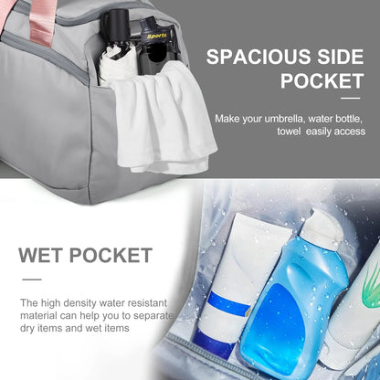 Travel Duffle Bag Gym Bags with Shoe Compartment Wet Pocket Waterproof for Weekender Overnight Gym Sports Traveling Swimming Yoga Workout, Gray