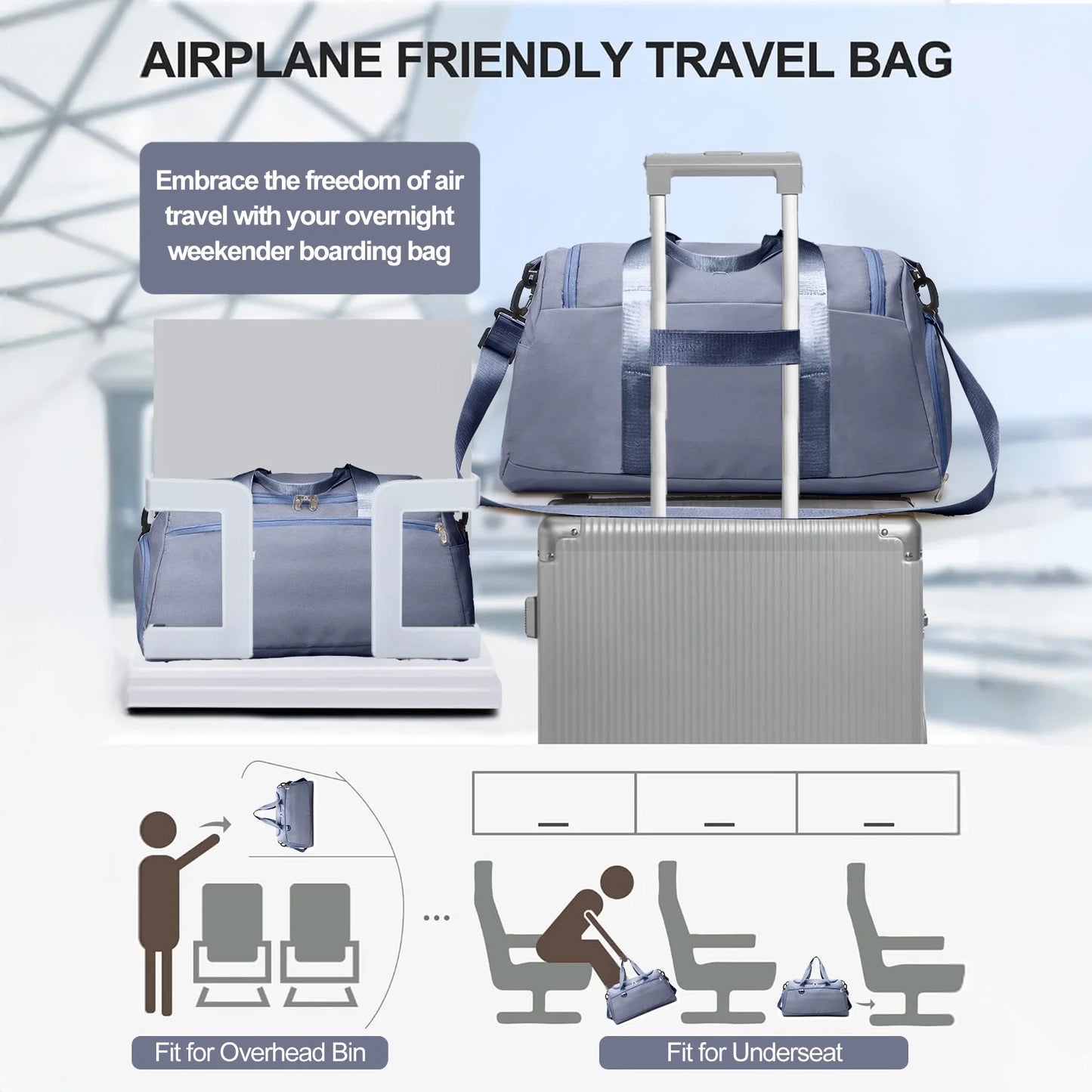 Travel Duffle Bag Gym Bags with Shoe Compartment Wet Pocket Waterproof for Weekender Overnight Gym Sports Traveling Swimming Yoga Workout, Haze Blue