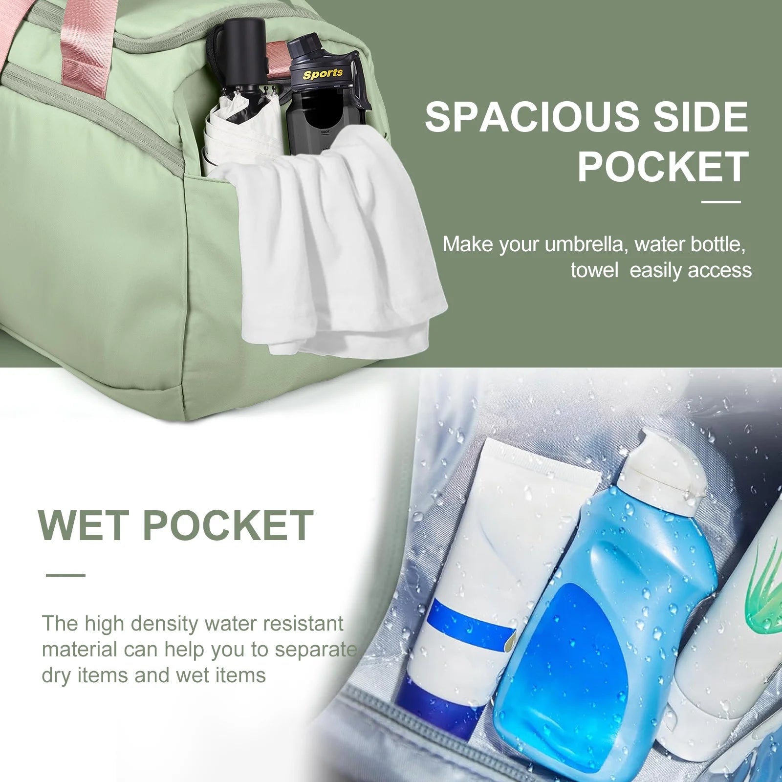 Travel Duffle Bag Gym Bags with Shoe Compartment Wet Pocket Waterproof for Weekender Overnight Gym Sports Traveling Swimming Yoga Workout, Green