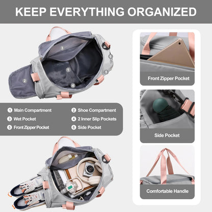 Travel Duffle Bag Gym Bags with Shoe Compartment Wet Pocket Waterproof for Weekender Overnight Gym Sports Traveling Swimming Yoga Workout, Gray