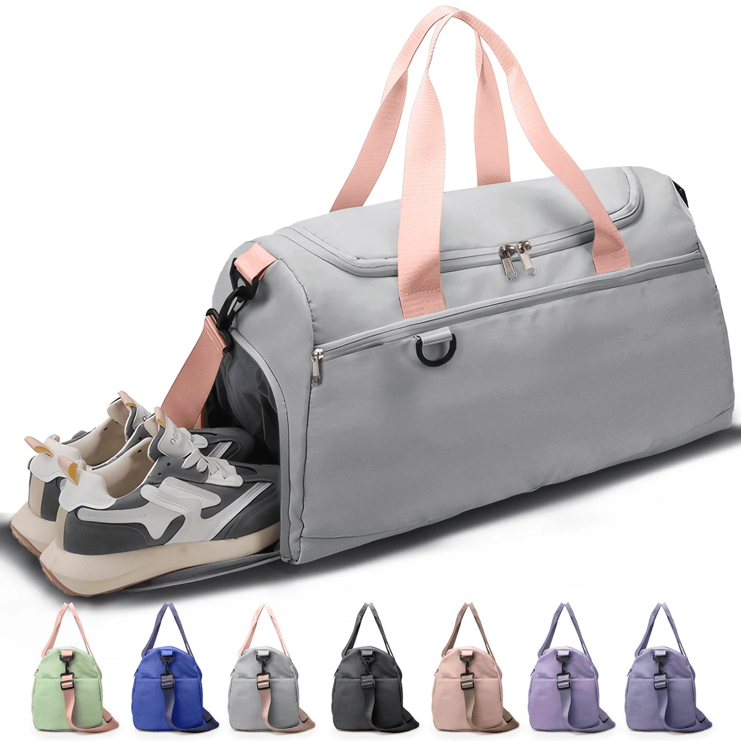 Travel Duffle Bag Gym Bags with Shoe Compartment Wet Pocket Waterproof for Weekender Overnight Gym Sports Traveling Swimming Yoga Workout, Gray