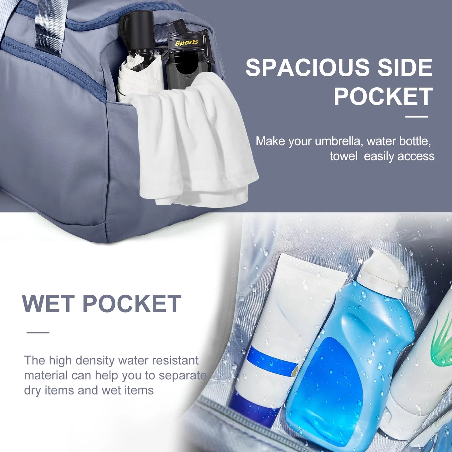 Travel Duffle Bag Gym Bags with Shoe Compartment Wet Pocket Waterproof for Weekender Overnight Gym Sports Traveling Swimming Yoga Workout, Haze Blue