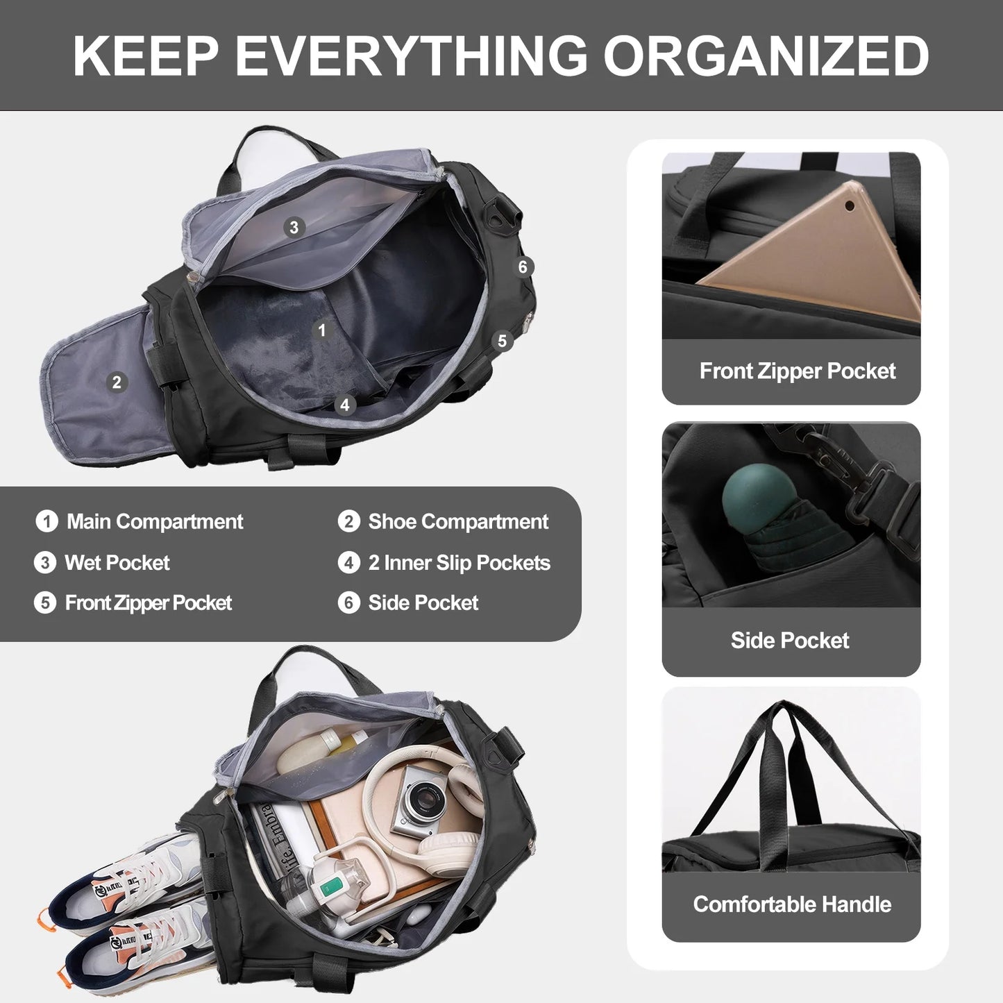 Travel Duffle Bag Gym Bags with Shoe Compartment Wet Pocket Waterproof for Weekender Overnight Gym Sports Traveling Swimming Yoga Workout, Black