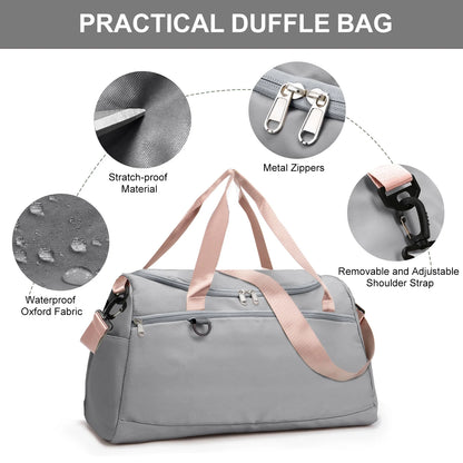Travel Duffle Bag Gym Bags with Shoe Compartment Wet Pocket Waterproof for Weekender Overnight Gym Sports Traveling Swimming Yoga Workout, Gray