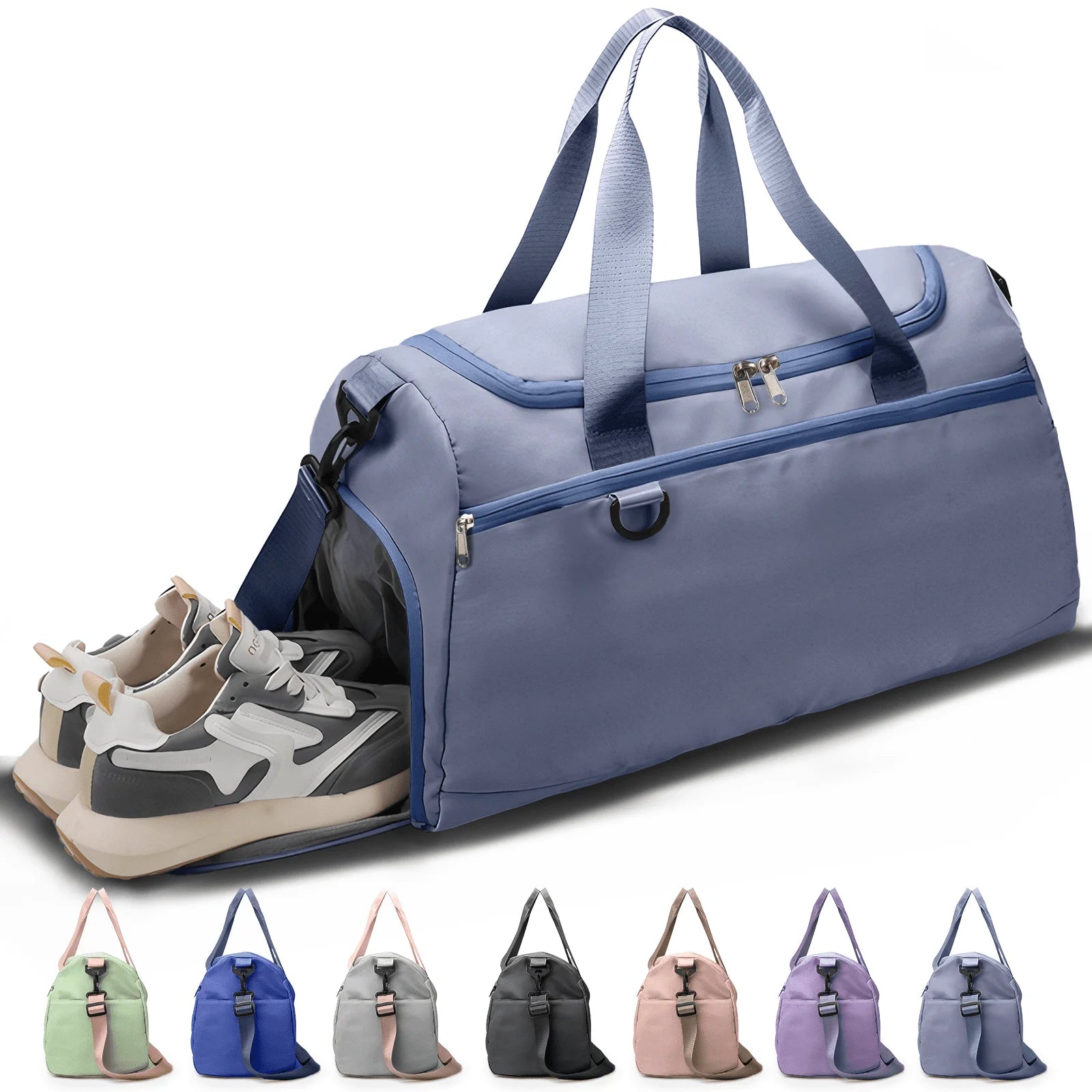 Travel Duffle Bag Gym Bags with Shoe Compartment Wet Pocket Waterproof for Weekender Overnight Gym Sports Traveling Swimming Yoga Workout, Haze Blue