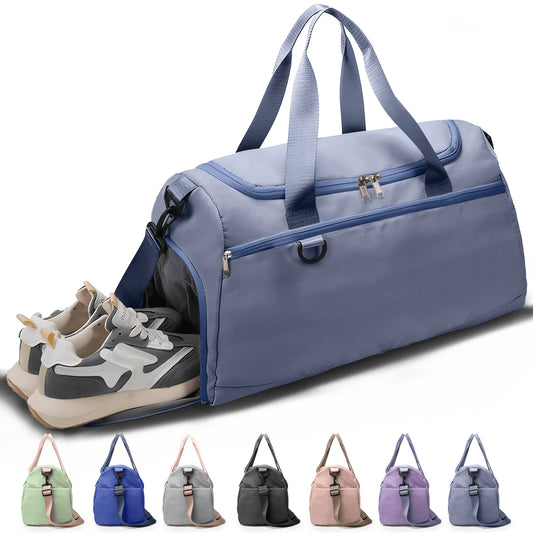 Travel Duffle Bag Gym Bags with Shoe Compartment Wet Pocket Waterproof for Weekender Overnight Gym Sports Traveling Swimming Yoga Workout, Haze Blue