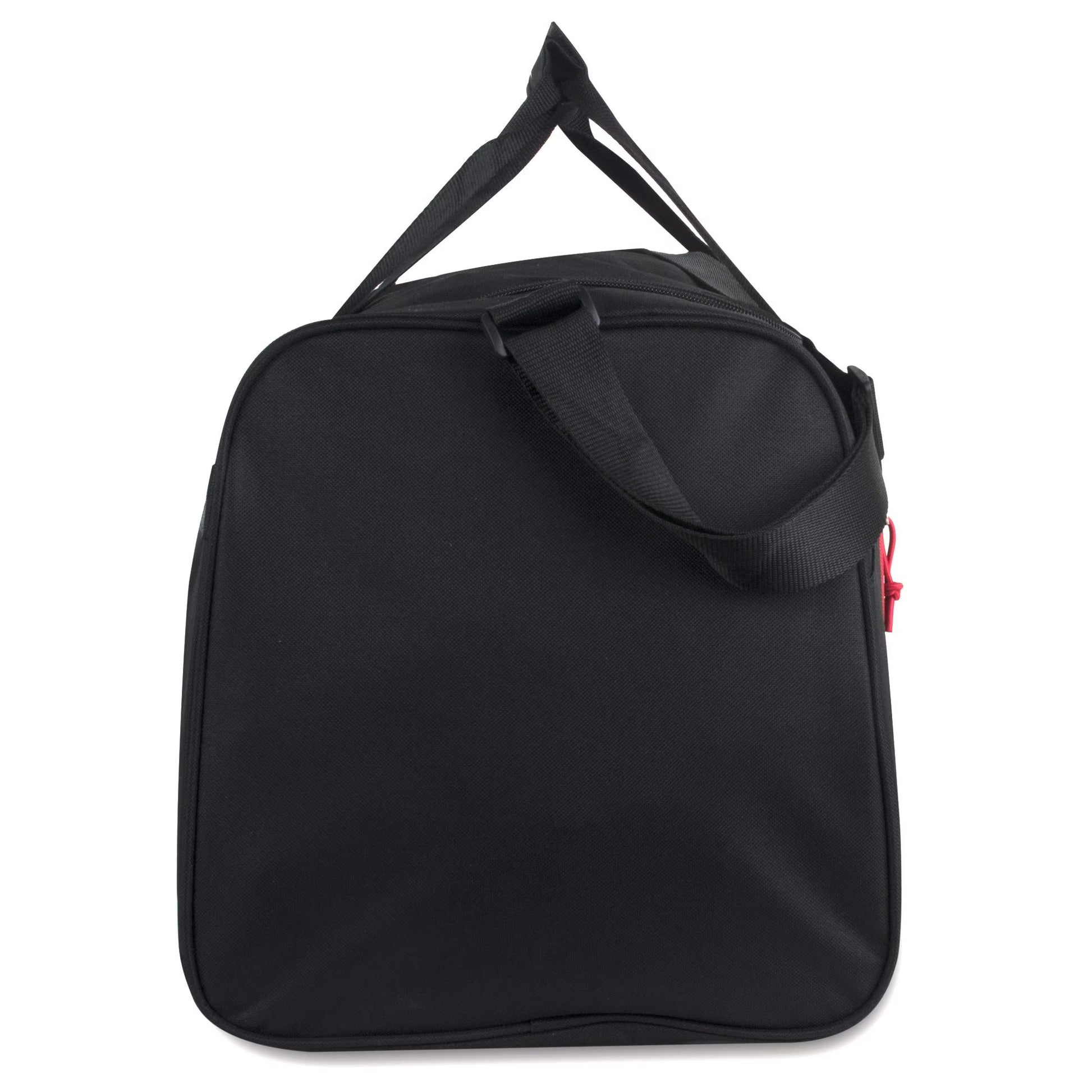 24 Inch 55 Liter Weekender Overnight Duffel Shoulder Bag for Men, Women, Teens, Gym, Travel, Sports and Recreation in Black with Red Trim