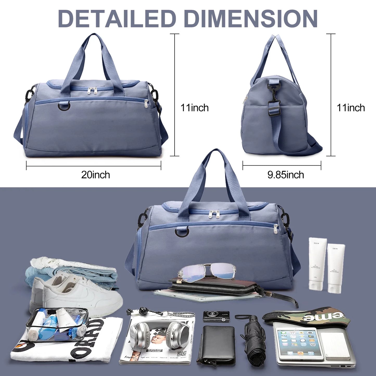 Travel Duffle Bag Gym Bags with Shoe Compartment Wet Pocket Waterproof for Weekender Overnight Gym Sports Traveling Swimming Yoga Workout, Haze Blue