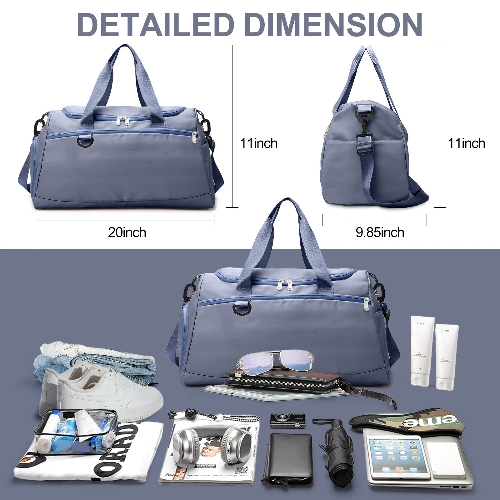 Travel Duffle Bag Gym Bags with Shoe Compartment Wet Pocket Waterproof for Weekender Overnight Gym Sports Traveling Swimming Yoga Workout, Haze Blue