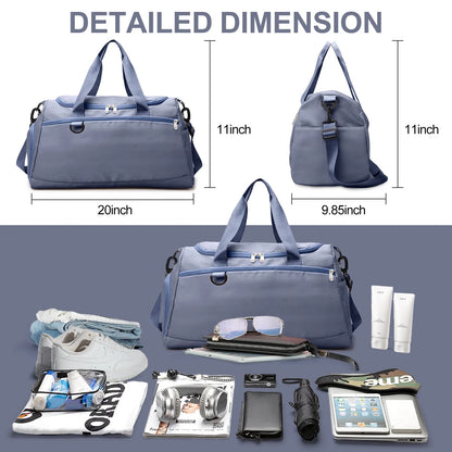 Travel Duffle Bag Gym Bags with Shoe Compartment Wet Pocket Waterproof for Weekender Overnight Gym Sports Traveling Swimming Yoga Workout, Haze Blue