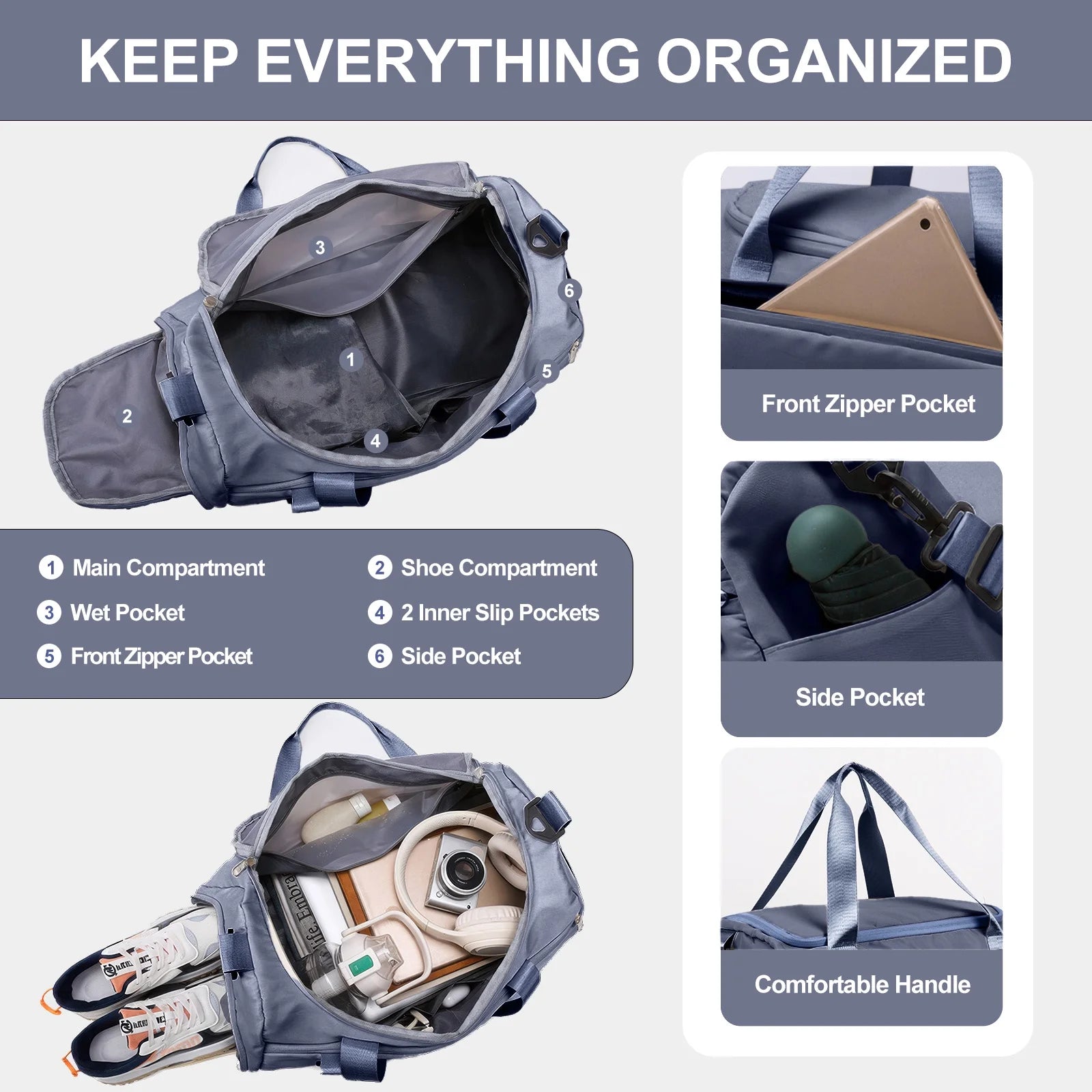 Travel Duffle Bag Gym Bags with Shoe Compartment Wet Pocket Waterproof for Weekender Overnight Gym Sports Traveling Swimming Yoga Workout, Haze Blue